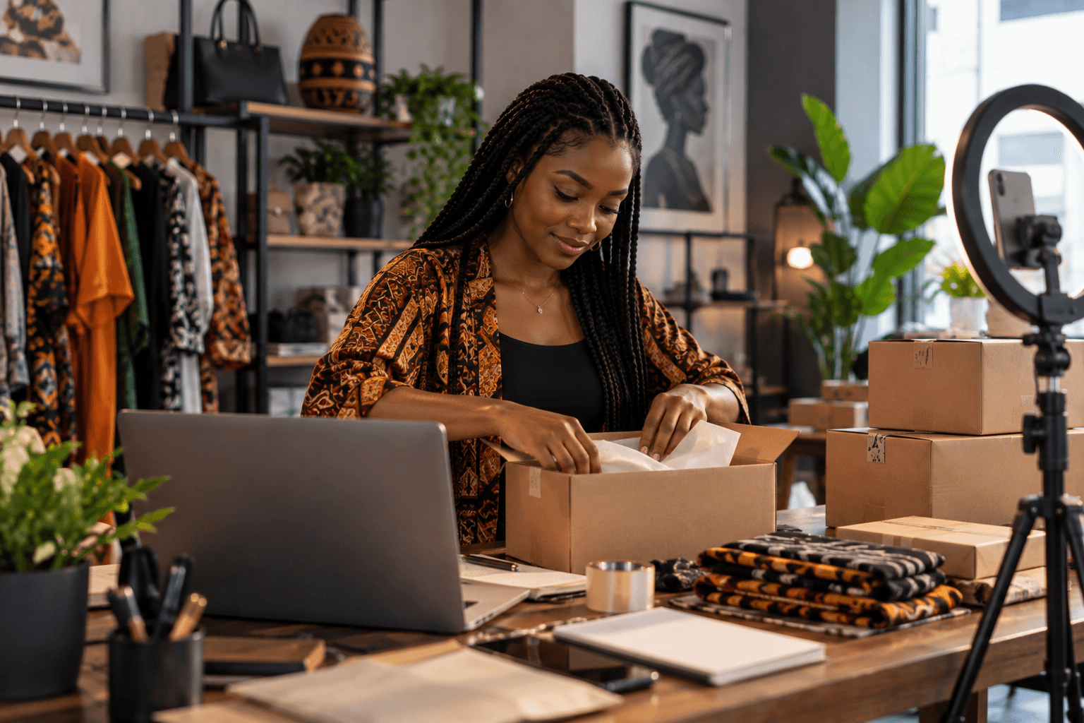 A founder packing an order whose invoice will leave Lenz with a pay page attached.